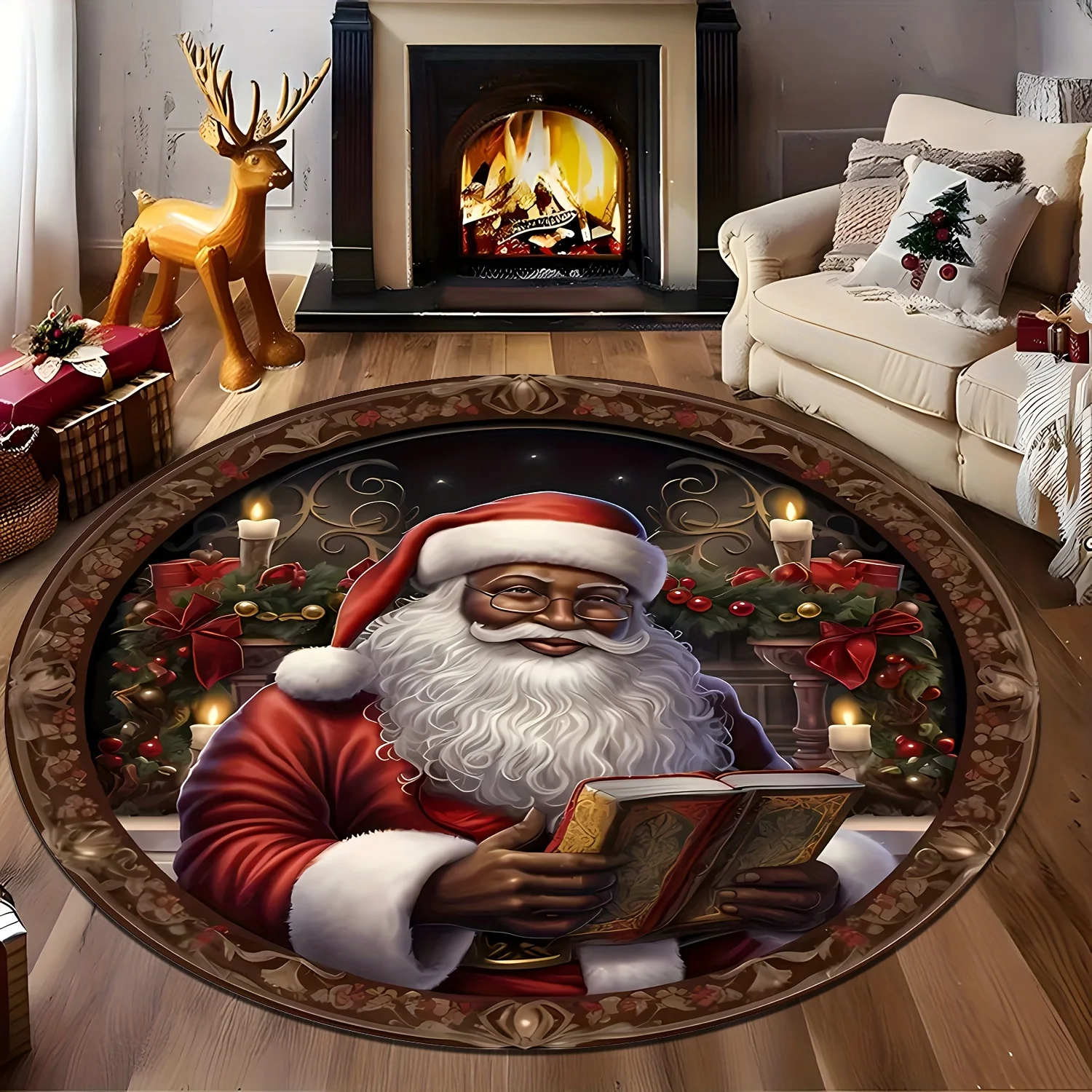 Christmas Vintage Santa Reading Book Holly Candle Circle Rug entryway display living room gift stacking Anti Slip Rug Present