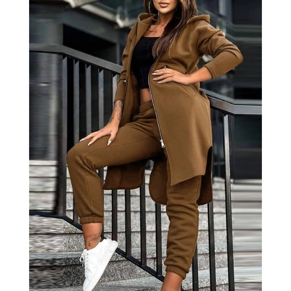 

Autumn Women Two Pieces Set Zipper Design Longline Long Sleeve Hooded Asymetrical Coat & Cuffed Pants Set Causal Streetwear