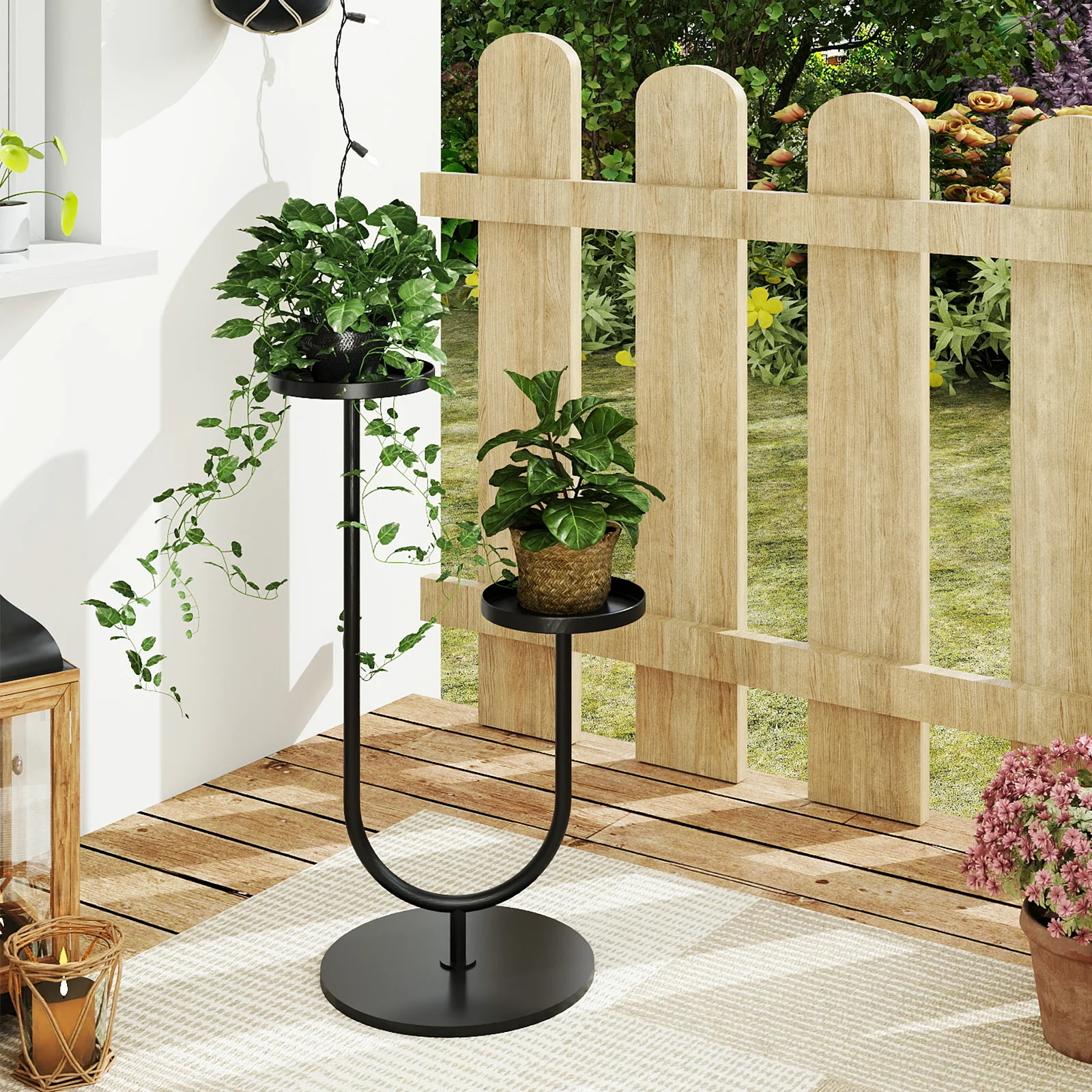 حامل نباتات معدني حامل نباتات حديث داخلي للنباتات الداخلية 2 أوعية حامل زارع أسود على شكل حرف U لغرفة المعيشة المنزلية وغرفة النوم #5