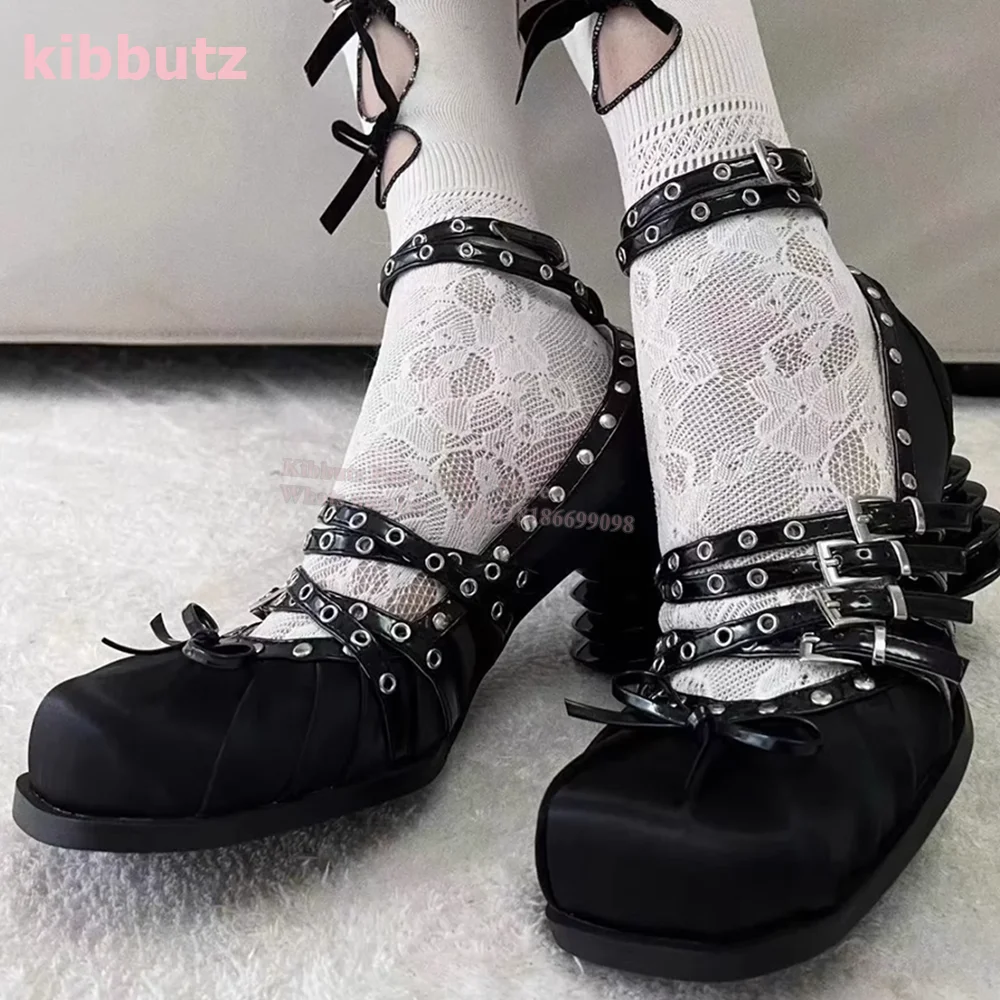 

Satin Belt Buckle Mary Jane Pumps Rivet Butterfly-Knot Square Toe Strange Heel Ankle Strappy Solid Fashion Spice Girls Shoes New