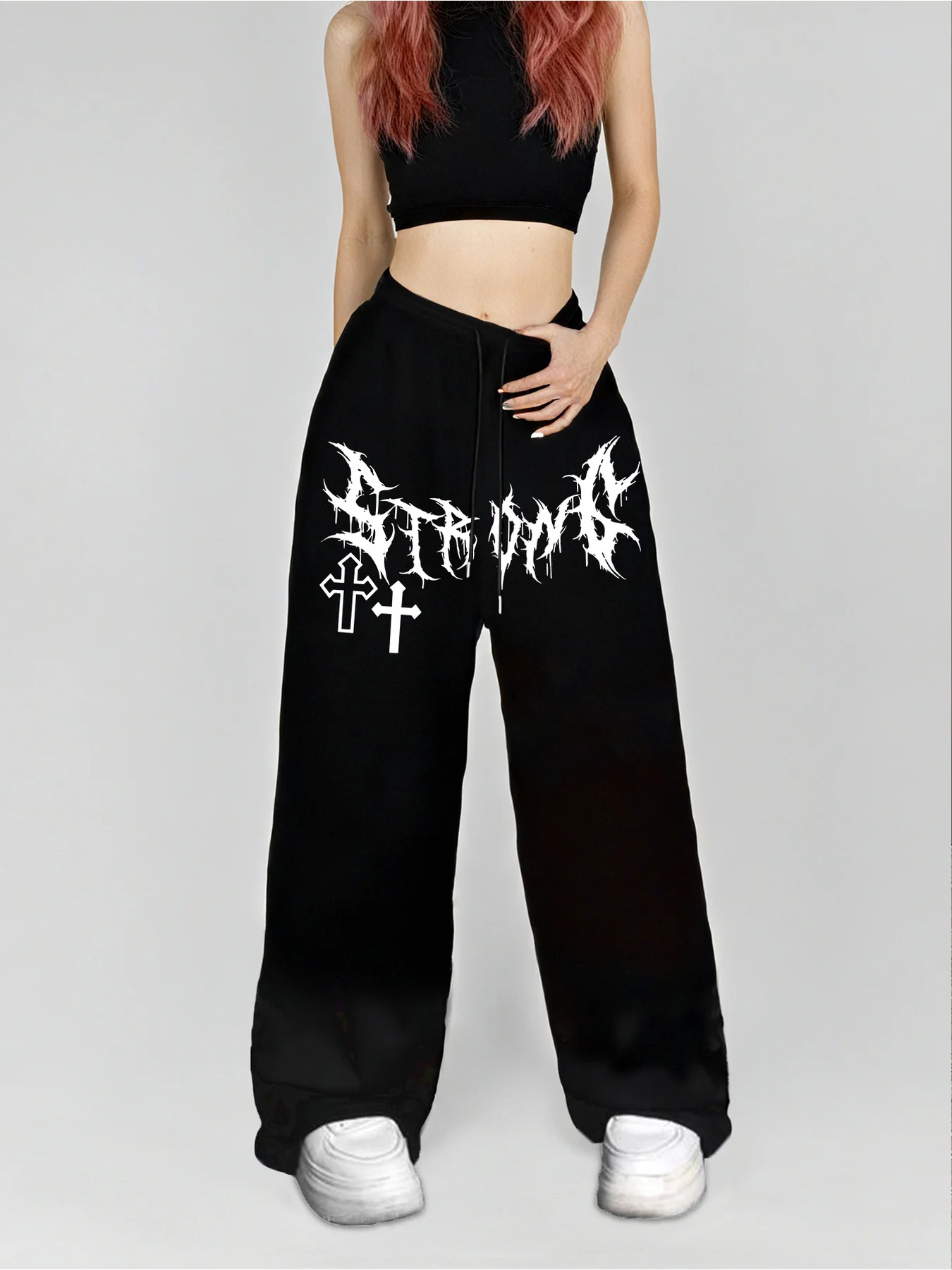 

Cross-printed Casual Sportswear Pants Drawstring Elastic Waist Straight-leg Pants Fashionable Hip-hop Streetwear Wide-leg Pants