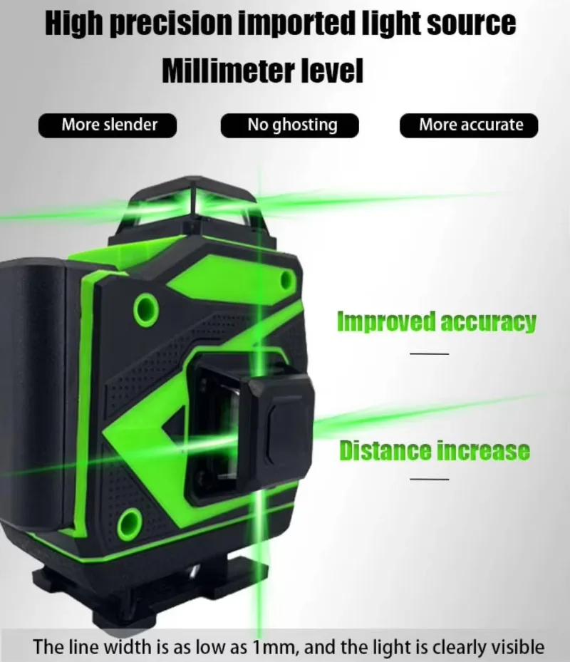 High-Precision 16-Line Green Beam Level Pendulum Self-Leveling Wall/Floor Mountable Lithium Battery Powered 3-Dot Display