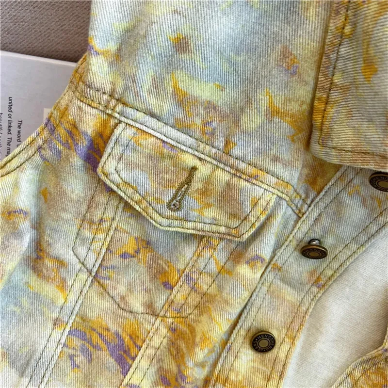 Sommer Vintage Tie-Dye Drucken Dünne Kurze Dünne Denim Weste Frauen Unregelmäßige Revers Einreiher Ärmellose Cowboy Weste Weibliche