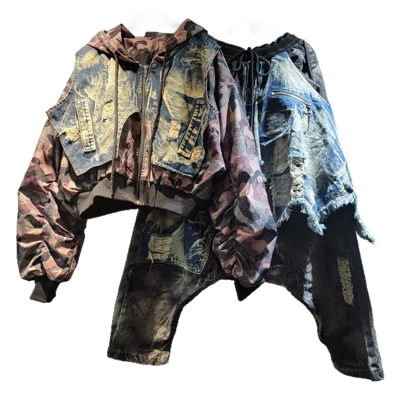 WTHT, chaqueta vaquera holgada con capucha de camuflaje empalmado para mujer, pantalones vaqueros holgados con cintura elástica para mujer, otoño 2025 1LS2492