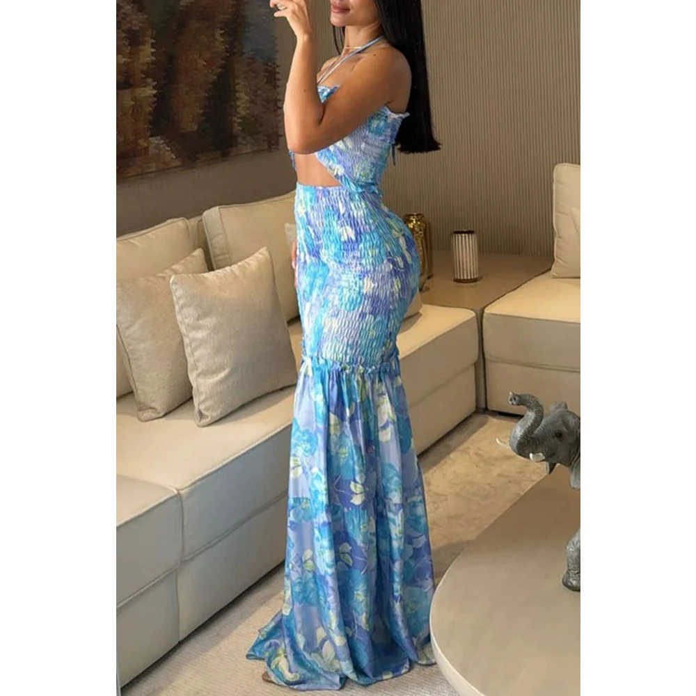 

Women Sexy Neck-mounted Maxi Dress Ruched Slim Fit Strapless Boho Style Dresses Female Party Long Dress