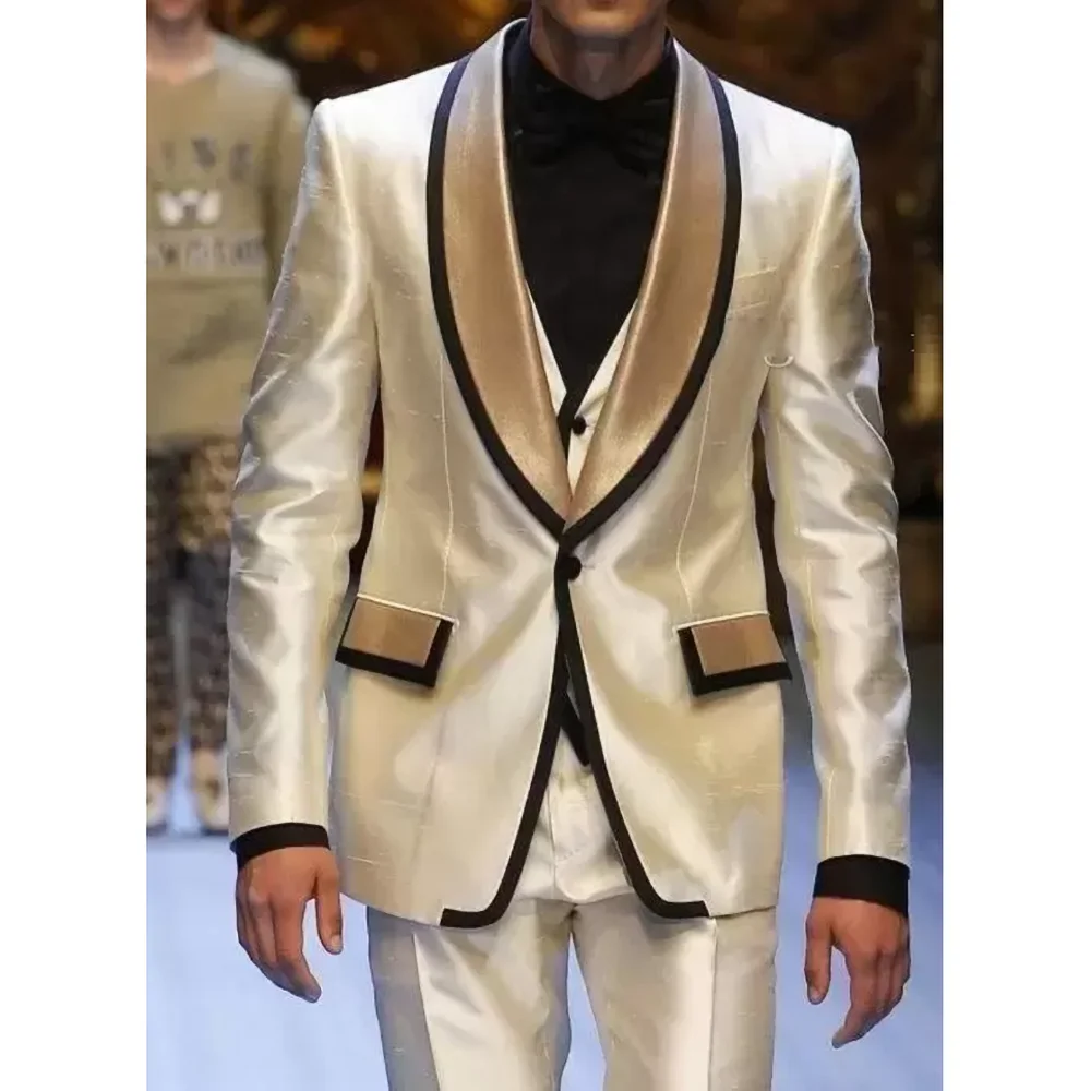 

New Arrival Men Suits Fashion Shawl Lapel One Button Satin Suit Slim Fit Party Prom Wedding Tuxedo Casual 2 Piece Blazer Pants