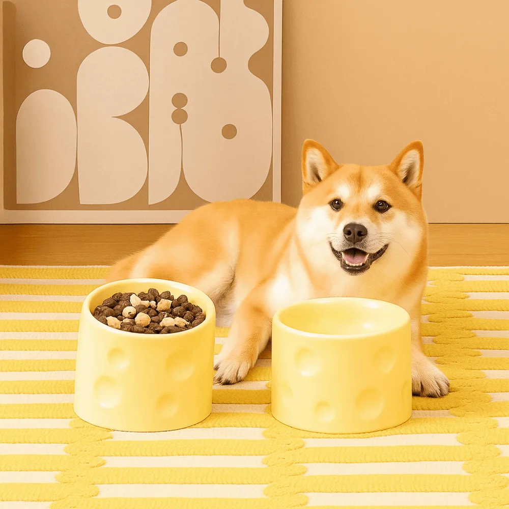 

Cheese-Shaped Ceramic Pet Bowl Non-Slip Anti Vomiting Anti-Spill Water Bowl Neck Protection Elevated Cat Bowl For Dogs and Cats