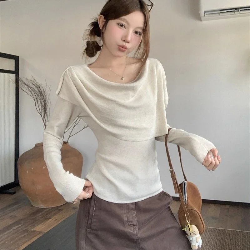 2026 Women Minimalist Layered‑Shawl Design Cowl‑Neck Knit Sweater Lady Slim Chic‑Unique Long‑Sleeve Fashion Knit Top