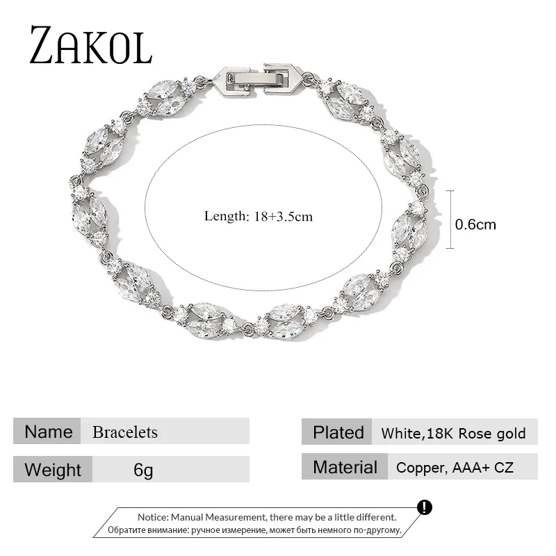 ZAKOL Trendy White Color Leaf Charm Cubic Zirconia Bracelet & Bangles Clear CZ Crystal Bride Jewelry for Women BP2183