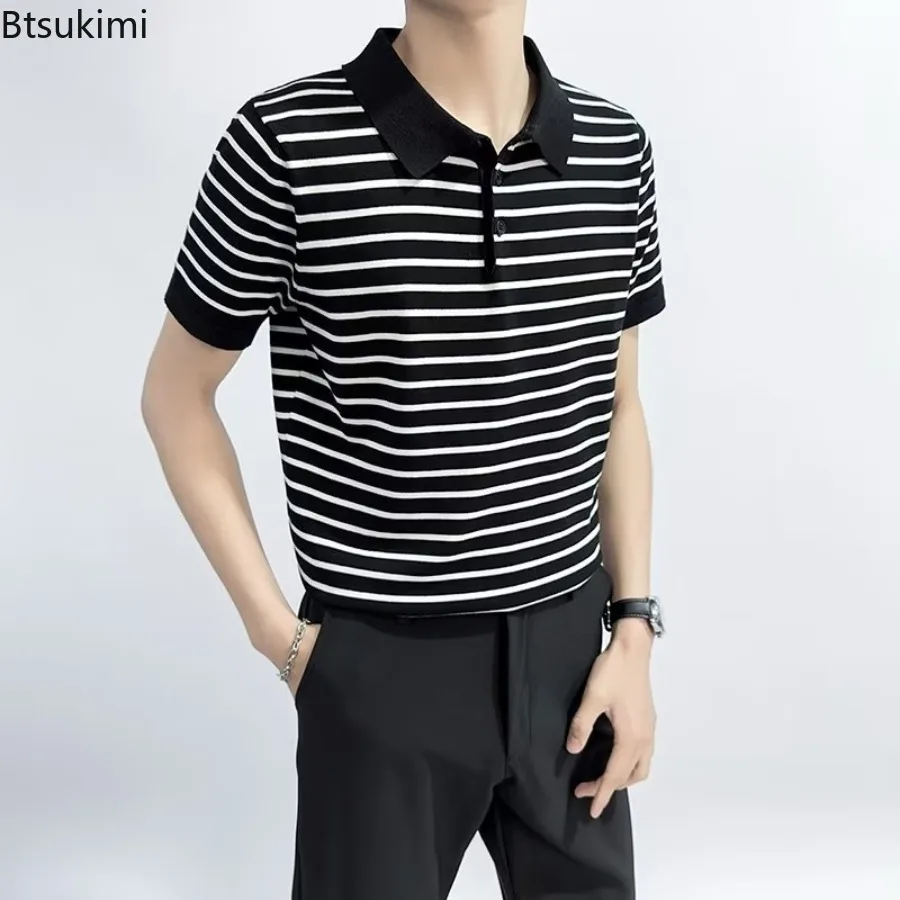 2025 Men Clothing Summer Vintage Casual T Shirts Striped Lapel Tops for Men Harajuku Streetwear Breathable Ice Silk Polo Shirts