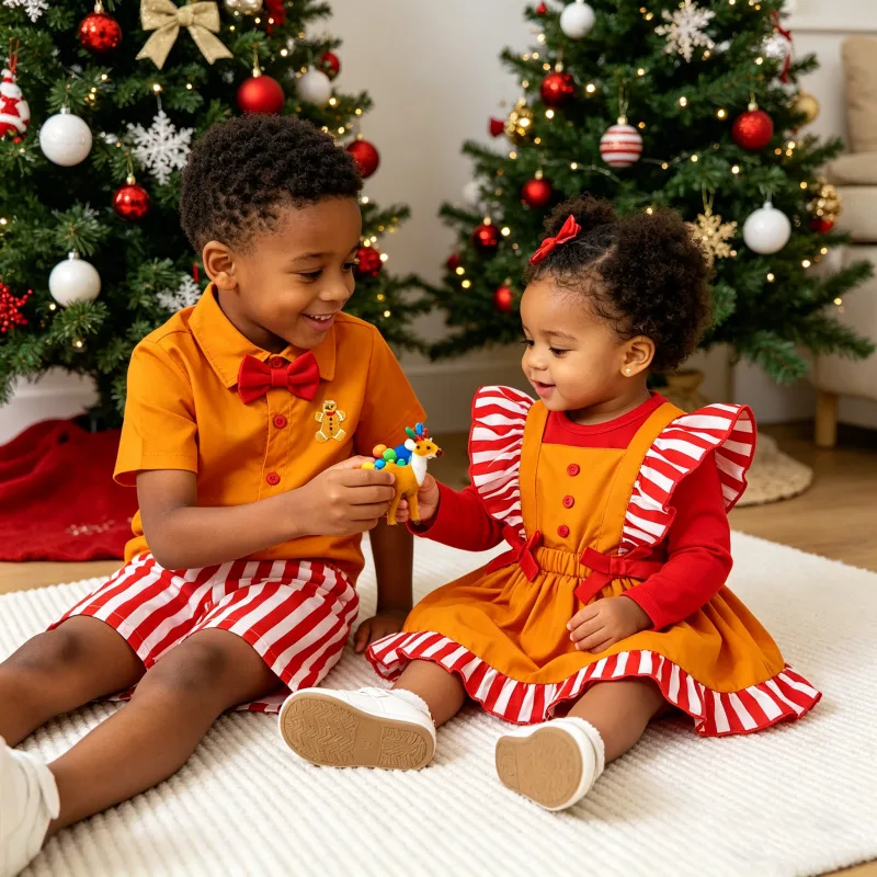 Christmas Children's Clothing Sweet Long Sleeved Khaki Striped Suspender Skirt Headband Three Piece Set Baby Girls