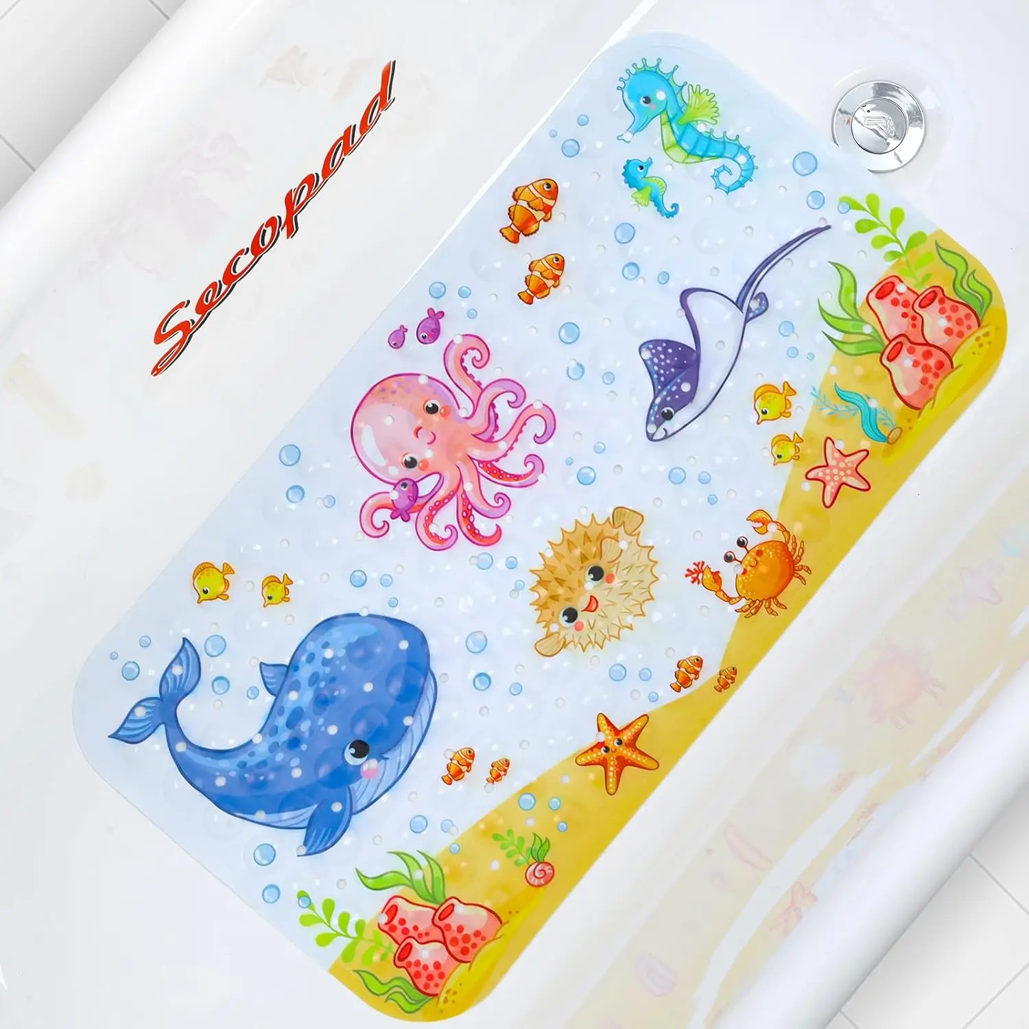 

Нескользящий коврик для ванной с мультяшным дизайном, отверстиями для слива и присосками, машинная стирка, розовый осьминог, для малышей