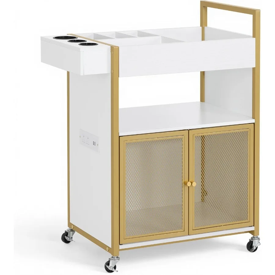 Rolling Salon Cart with Power Outlet, Barber Trolley with Metal Tool Holder and Storage Cabinet, Beauty Salon Equipment with Me