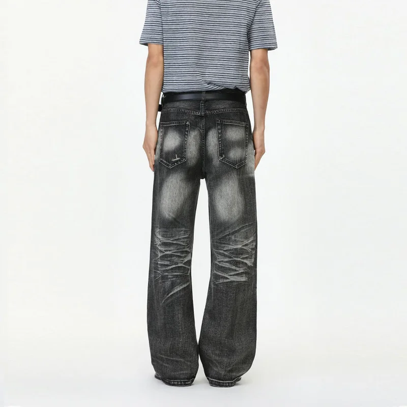 QICHE 2026 Men High Street Vintage Washed Jeans Whiskering Faded Distressed Loose Straight American Trendy Casual Denim Trousers