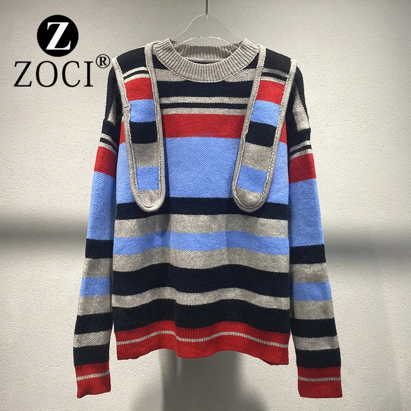 [ZOCI] Niche 2024 Autumn Winter New Round Neck Detachable Hooded Striped Sweater Loose Versatile Style Top Women