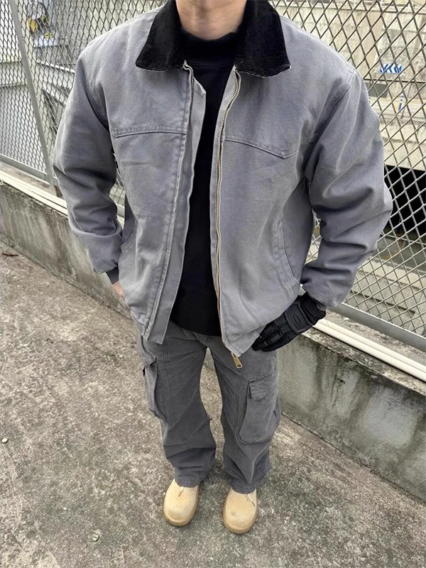 

Vintage Thickened Canvas Cotton Jacket Men's Autumn Winter Workwear Detroit Style Casual Long Sleeve Coat Warm Youth Fashion