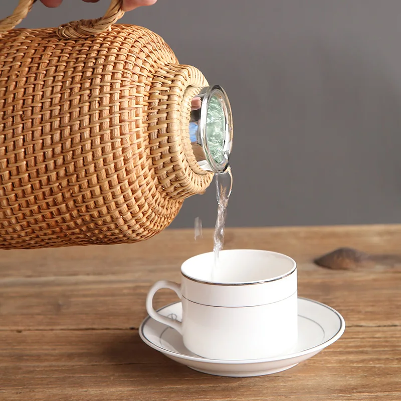 Handwoven Rattan  1L Tea Coffee Vacuum Flask Vintage Thermo Jug Hot Water Bottle Termo Pot Thermal Bottle Thermos Teapot