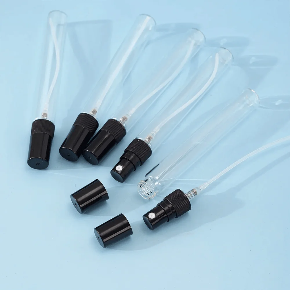 20 Stück 5ml/10ml Mini-Glasparfümflaschen mit schwarzem Verschluss und 4 Zubehörteilen (2 Trichter und 2 Pipetten) - PVC-frei, nachfüllbar – Detail 3