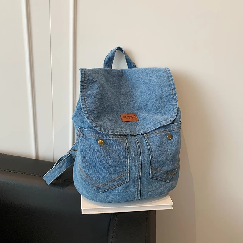 

Fashion Soft Denim Interior Zipper Pocket Backpacks for Women High Quality Sewing Thread Youth Large Capacity School Bags