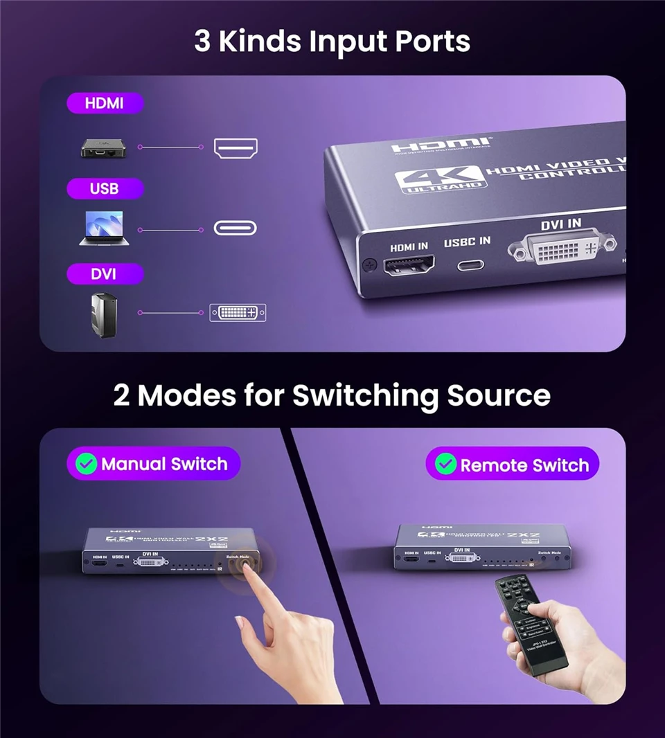 4K@30Hz 2x2 DVI USB C HDMI Video Wall Controller Multi-screen Splicing Box 90° Vertical 1x2 1x3 1x4 4x1 TV Splicer Processor