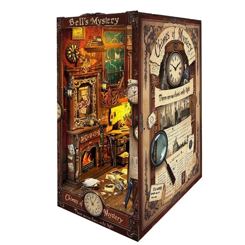 DIY Wooden Bell's Mystery Book Nook Bookshelf with Light Bookend Shelf Insert Miniature Model Kits for Friends Birthday Gifts