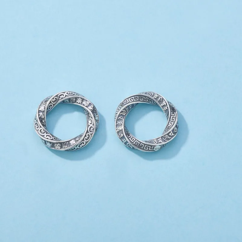 BOCAI NEW S925 Silver Retro Minimalist Lucky Spiral Pattern Mobius Silver Ring Pendant