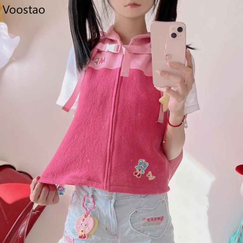 Y2k Aesthetic Warm Plush Lolita Vest Coat Japanese Women Cartoon Embroidery Sweet Bunny Ear Hooded Jackets Harajuku Waistcoat