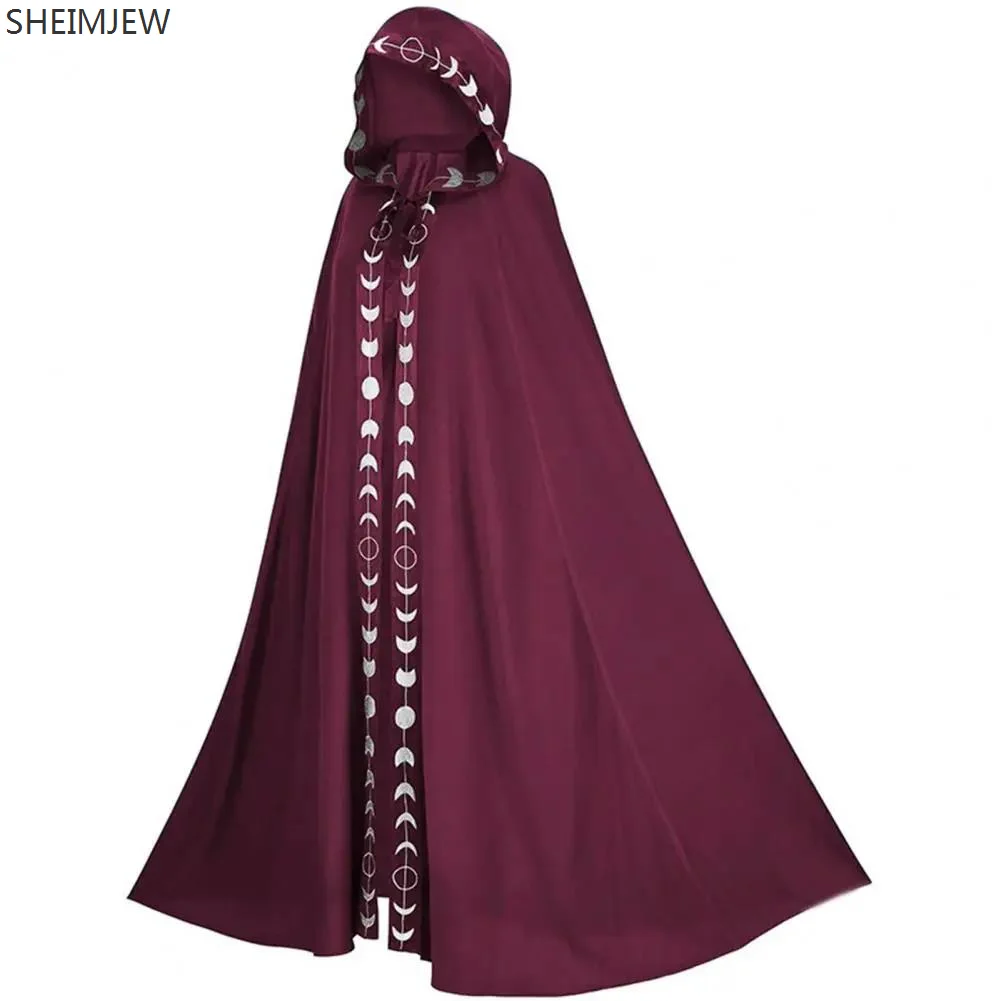 New Unisex Mantle Hooded Moon Print Cloak Medieval Renaissance Lace Up Cape Halloween Medieval Characters Cosplay Costumes