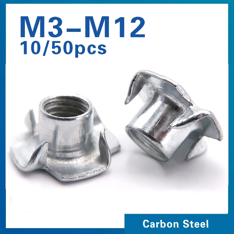 10/ 50pcs M3 M4 M5 M6 M8 M10 M12 Four Claws Nut T-nut Blind Pronged Insert T-Nut for Wood Furniture Hardware