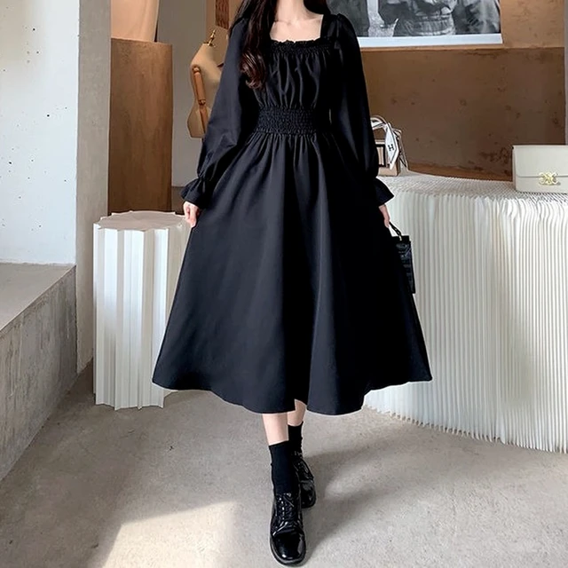 French Vintage Dress Long Square Collar Black Black Midi Dress Long Sleeves Dresses Aliexpress