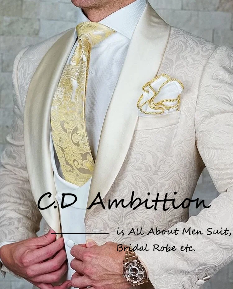 

Champagne Jacquard Suit For Men Luxury Wedding 2023 Blazer Sets 3 Piece For Groom's Tuxedo Prom Dress Satin Shawl Lapel Custom