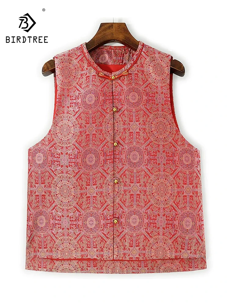

BirdTree-50MM Silk Song Brocade Elegant Vest, Women O Neck Sleeveless Jacquard, Retro Commute Loose Coat, 2025 Autumn C58729CC