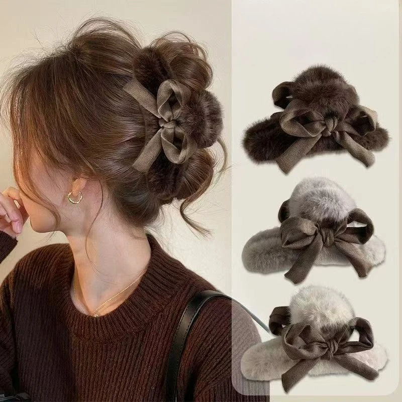 Autumn and Winter Fashion Plush Bow Hair Claw Women Girls Large Shark Clip Plush Ponytail Clip Back of Head Disc Hair Grab Clip