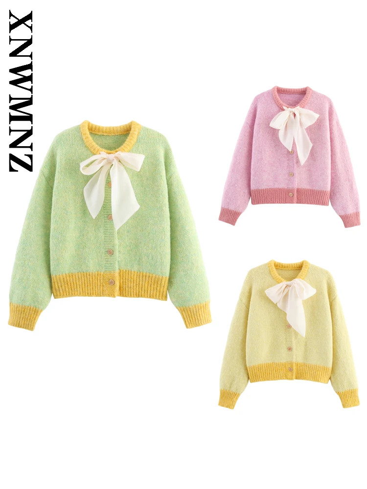 

XNWMNZ 2025 Autumn Casual Simple O-Collar Long Sleeve Knitted Sweater Versatile Sophisticated Woman's Classic Cardigan Bowknot