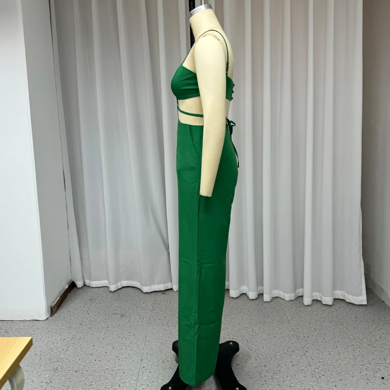 Wefads Vrouwen Jumpsuit Zomer Casual Effen V-Hals Mouwloze Jarretel Slanke Rugloze Strappy Holle Veters Broek Jumpsuit