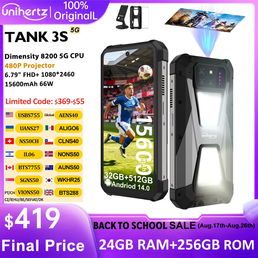 Unihertz Tank 3s 8849 leistungsstarkes Smartphone mit Projektor 24/32GB 256/512GB Dimension 8200 Handy 15600mAh 66W Telefon
