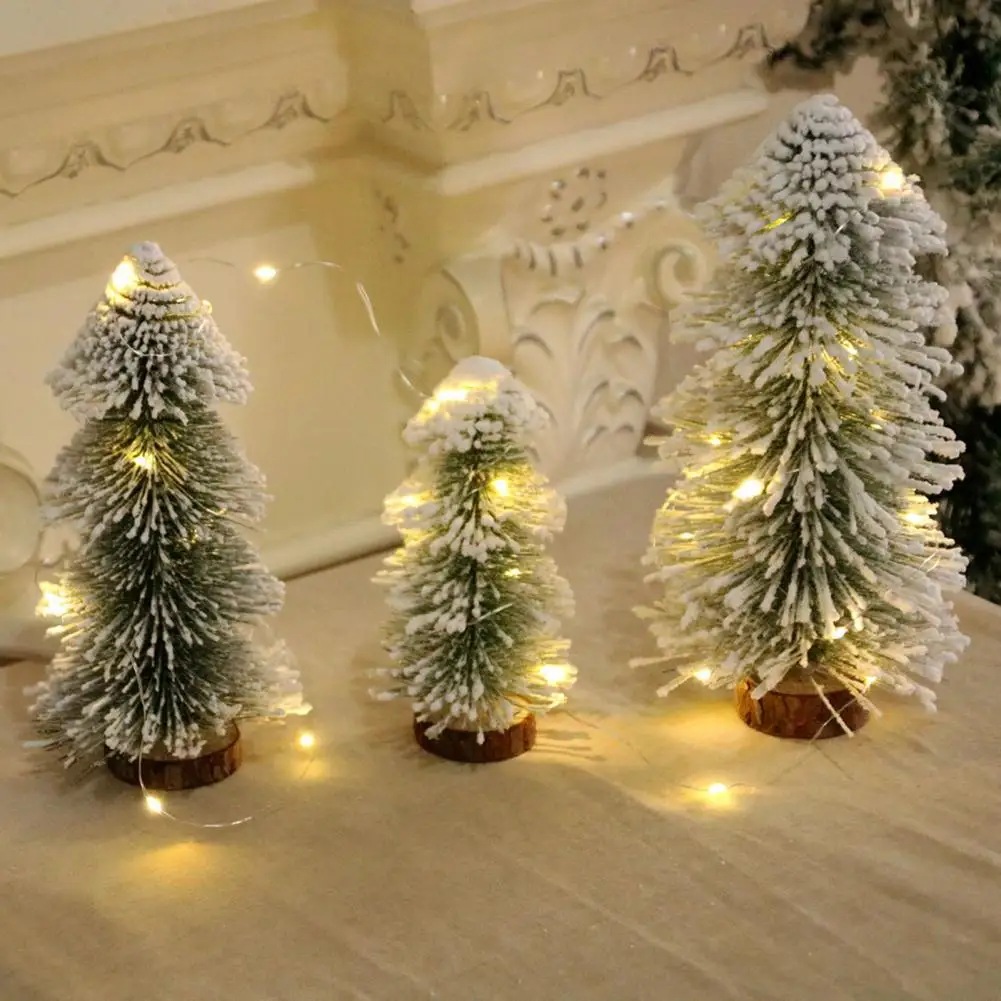 Artificial Christmas Tree Snow Flocked Pencil Pine Tree Figurine LED Light-up Cedarwood Holiday Tabletop Decor Home Decor