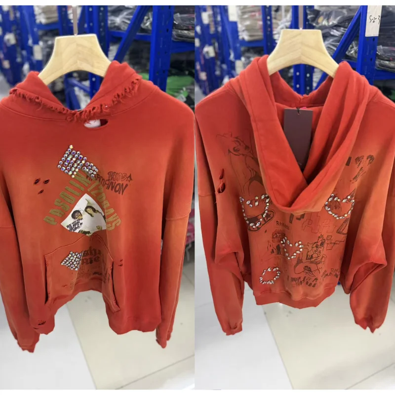2026ss Red Paly Hoodie High Quality Hole Damaged Embroidery Graphic Women Men Loose Casual Sweatshirts