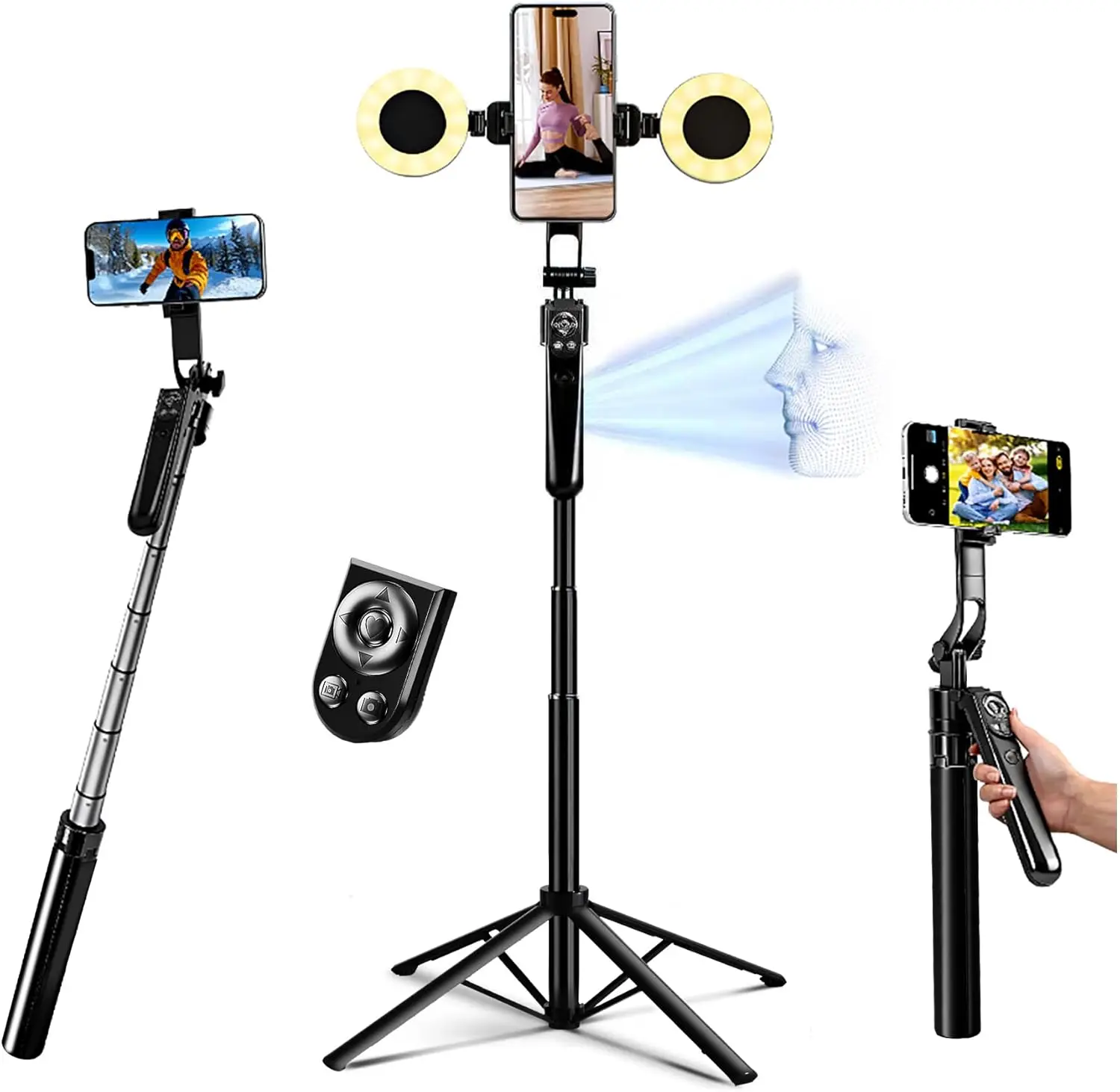 

Auto Face Tracking Selfie Stick Tripod for iPhone with Light 360 Rotation That Follows Your Movement 70.9" Camera Tripod