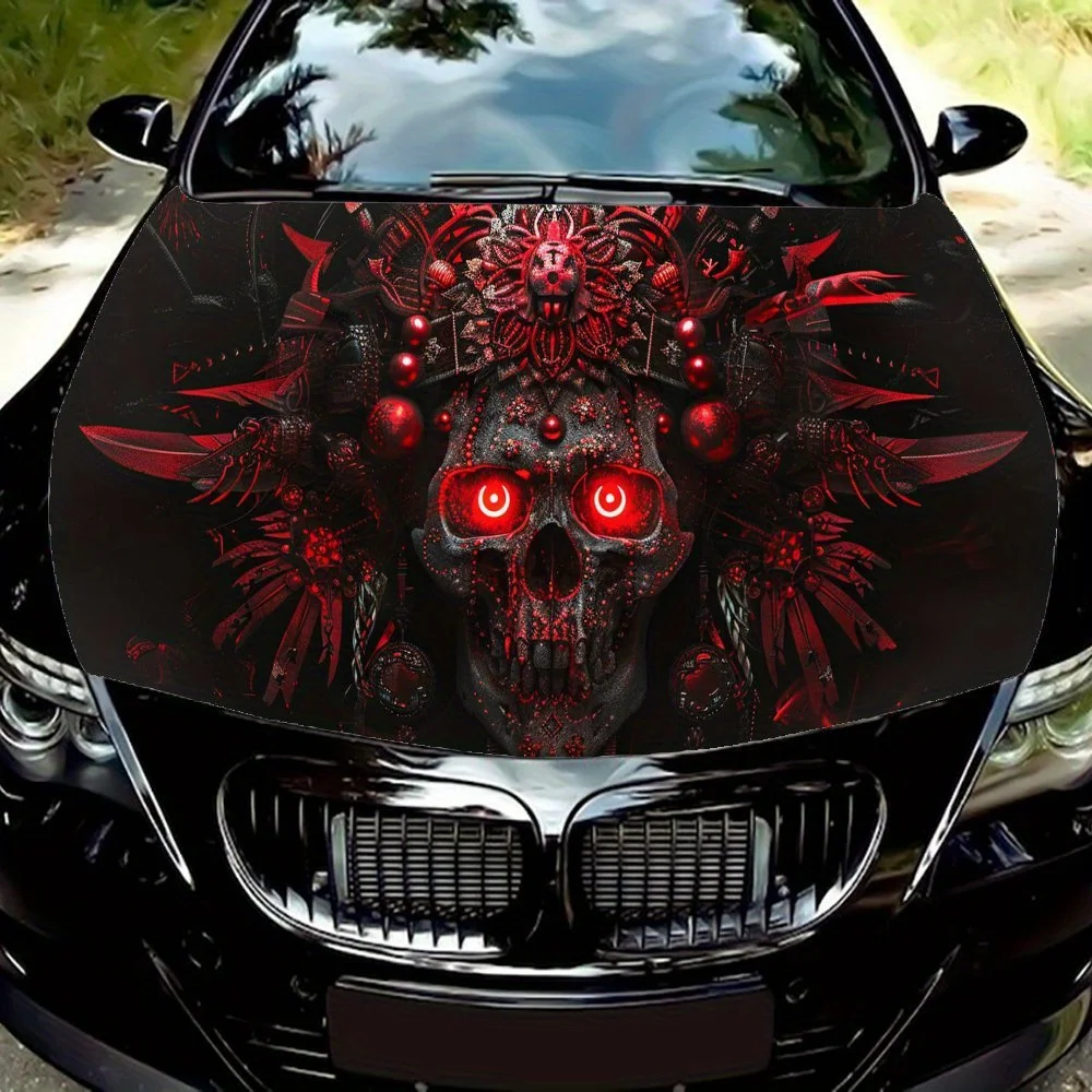 

Eerie Red - eyed Skull Car Hood Vinyl Wraps Sticker, Car Engine Decal, Waterproof Self-adhesive Car Packaging Cover, Universal C