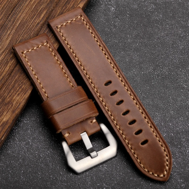 Handmade Holvin Cowhide Strap 20MM 22MM 24MM 26MM Foldable Brown Rough Wind Thick Genuine Leather Bracelet