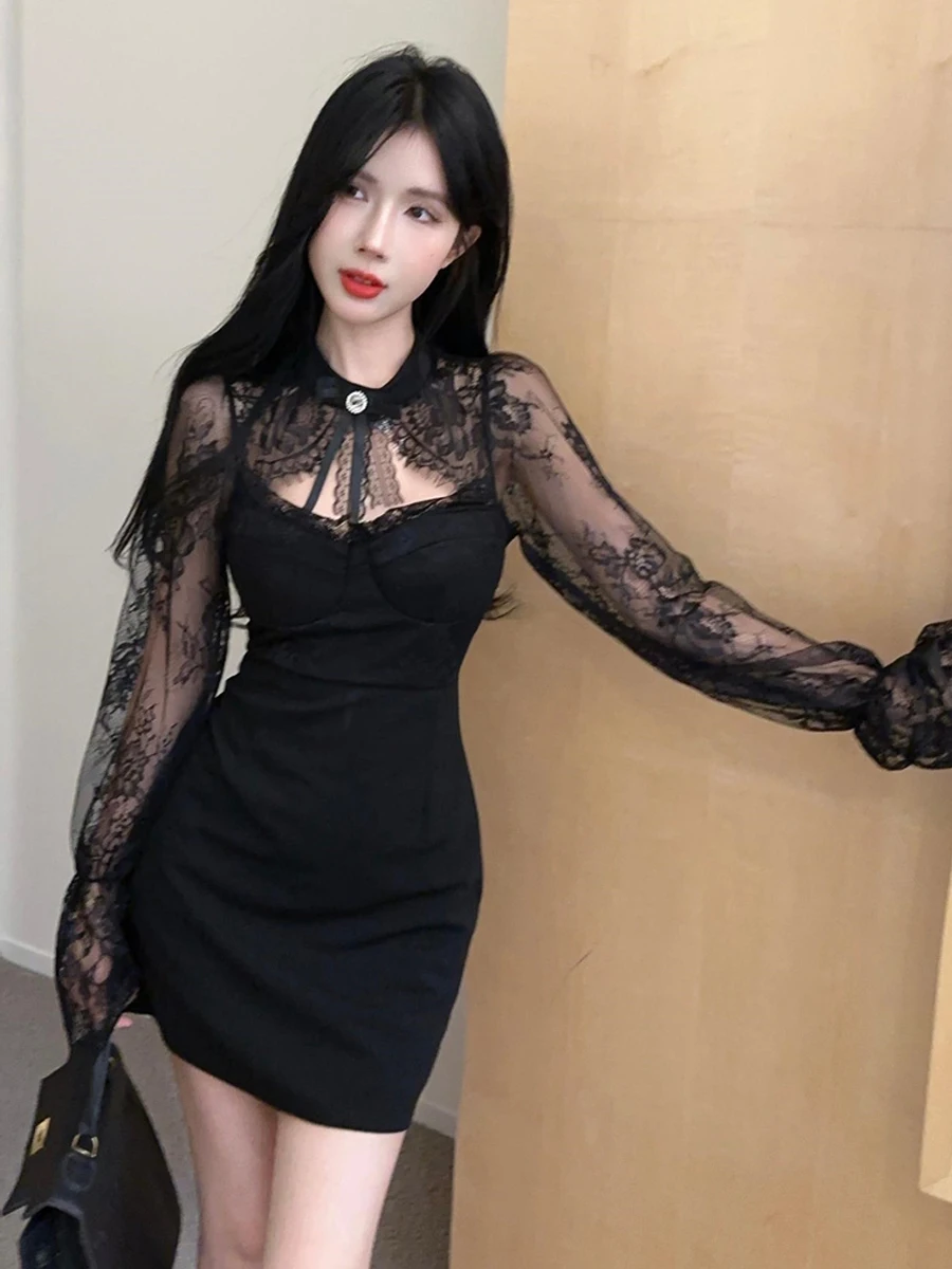 خمر الحلو Y2K الأسود شير الدانتيل مساء اللباس المرأة مثير انقطاع جرس كم Bodycon البسيطة فستان قصير حزب ثوب الراقية سيدة