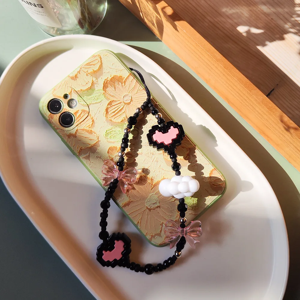 HERLOOK Pixel Heart Phone Straps Bowknot Phone Charm Y2K Accesories Korean Clouds Chain for Cellphone Cute Jewelry