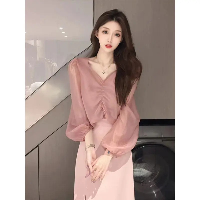 

Women Spring Summer Fashion Temperament V-neck Solid Color Long Sleeve Thin Shirts Ladies Simplicity Office Lady Casual Tops