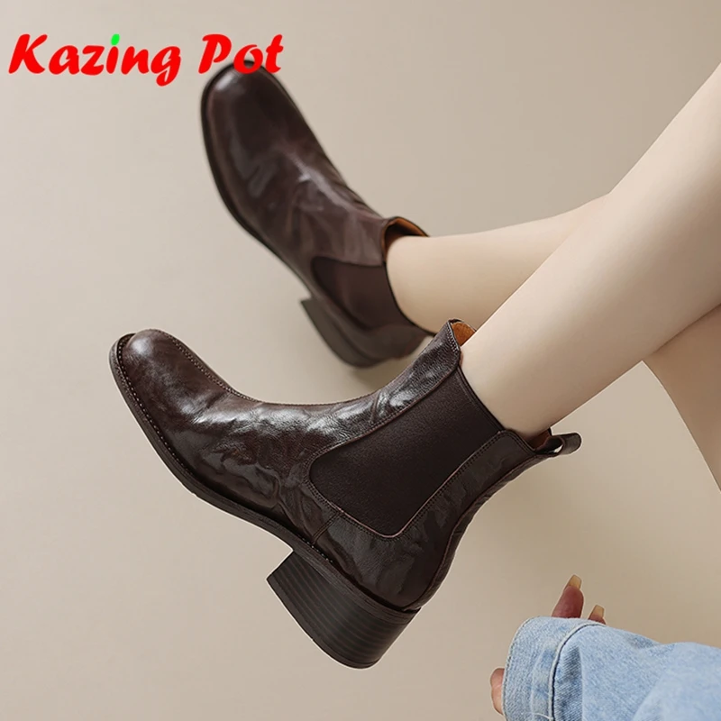

Cow Skin Vintage Thick Heels Modern Fashion Boots Warm Winter Autumn Shoes Slip On Pleated Round Toe Brand Women Ins Ankle Boots