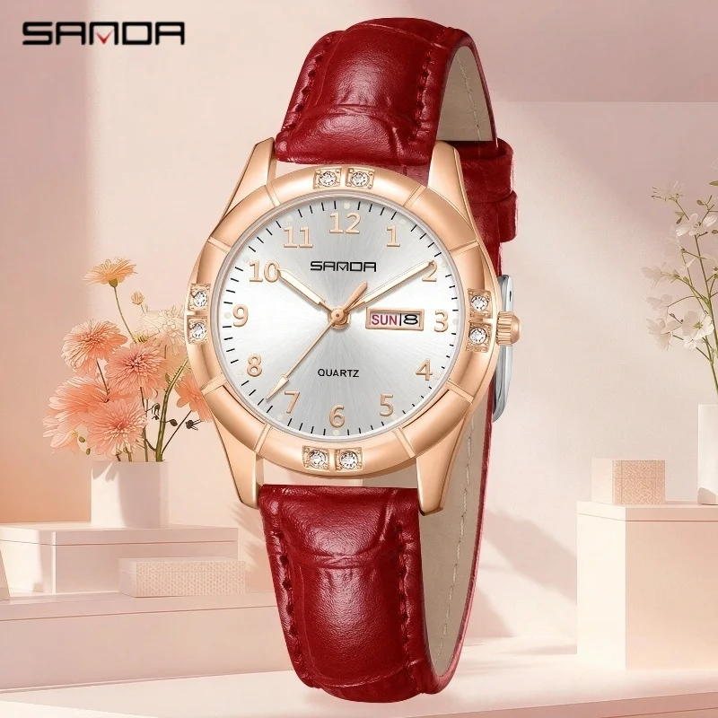 Retro Women Quartz Watch Inlaid Diamond Waterproof Calendar Luminous Leather Belt Minimalist Digital Dial Student Campus Gift