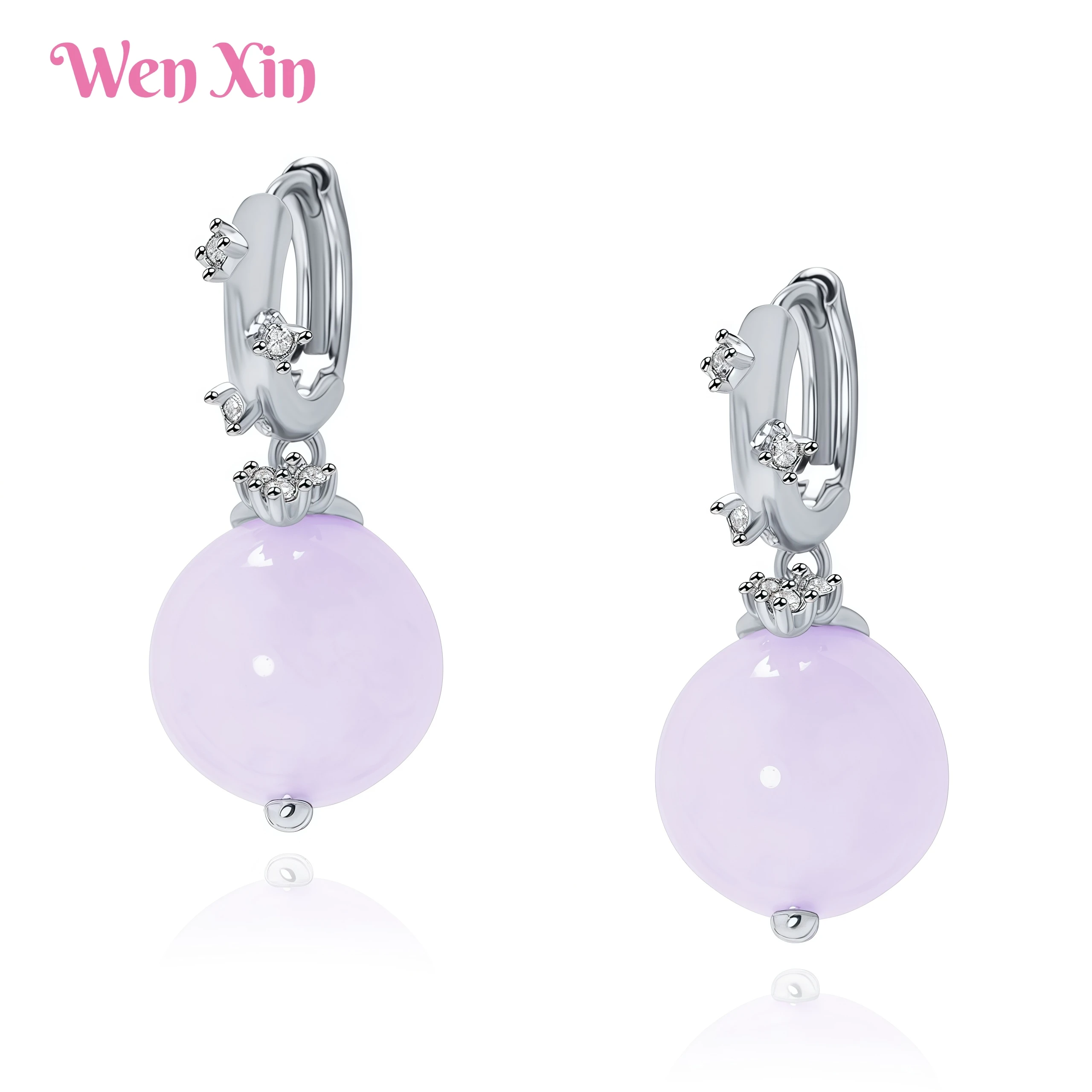 

WENXIN Brand Retro Violet Crystal Round Bead Earrings With Small Diamonds Set In Circular Rings And Purple Chalcedony Accessorie