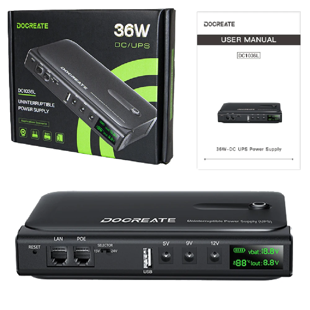 New EU Plug 36W DC1036L UPS Uninterruptible Power Supply 5V-24V Output 18650 Replaceable Battery for Router NAS Modem & Network