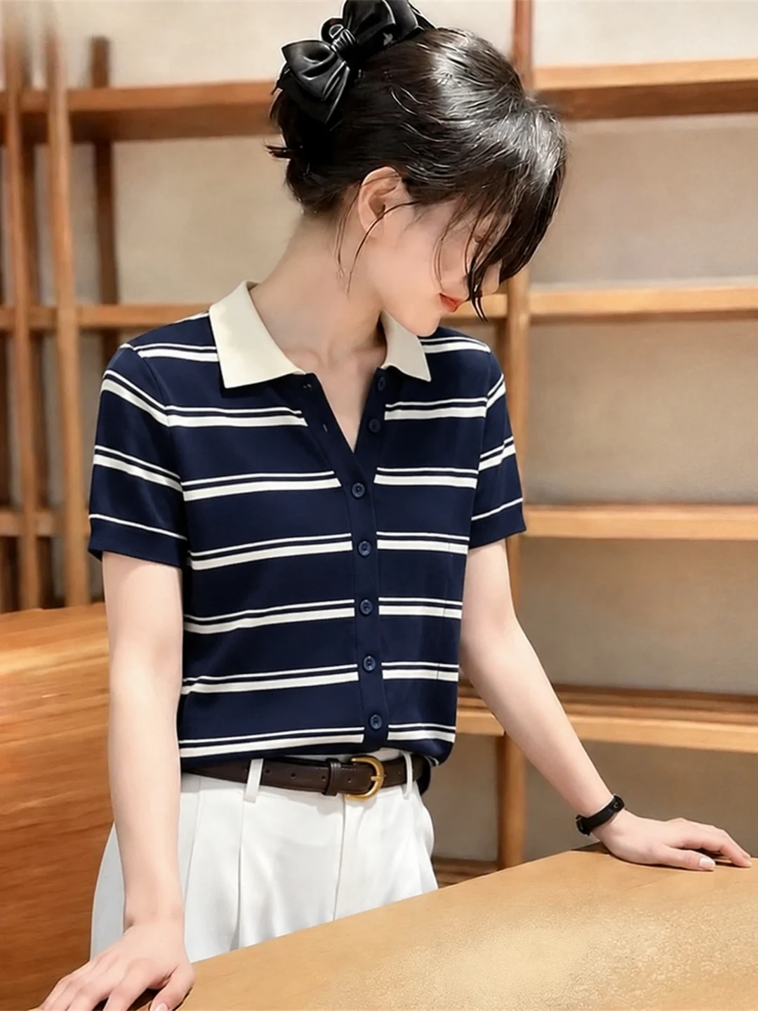 

Summer Ice Silk Knitted T-Shirt Collar Single Button Design Striped Color Block Commute Top Women's Korean Style Straigh...