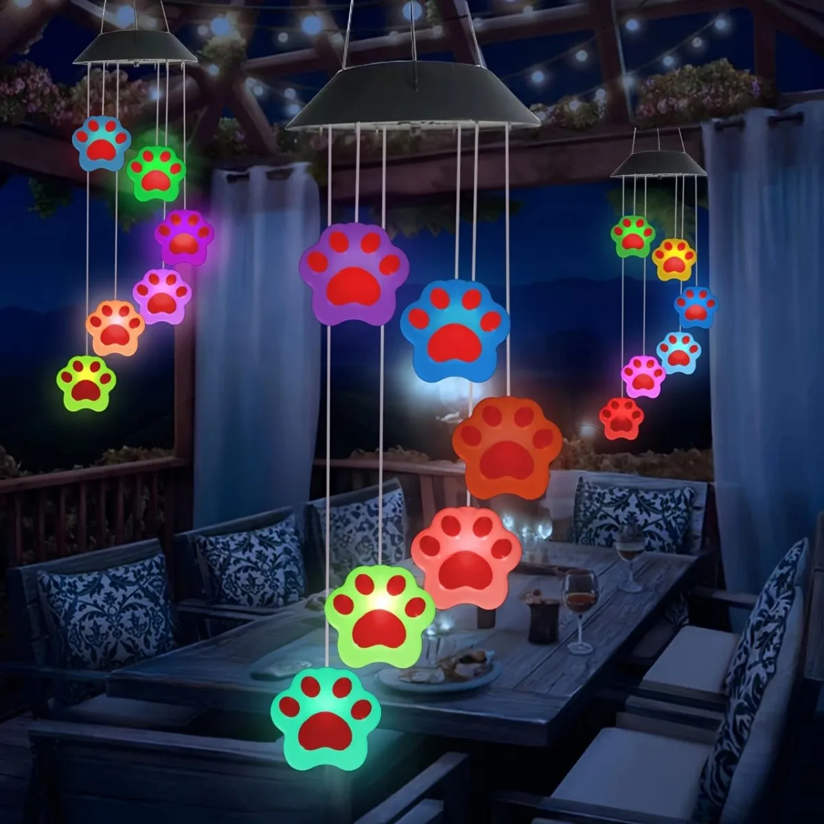 

1 set of vibrant paw print solar wind chime lights - outdoor colorful garden lights, no wiring required, easy to install